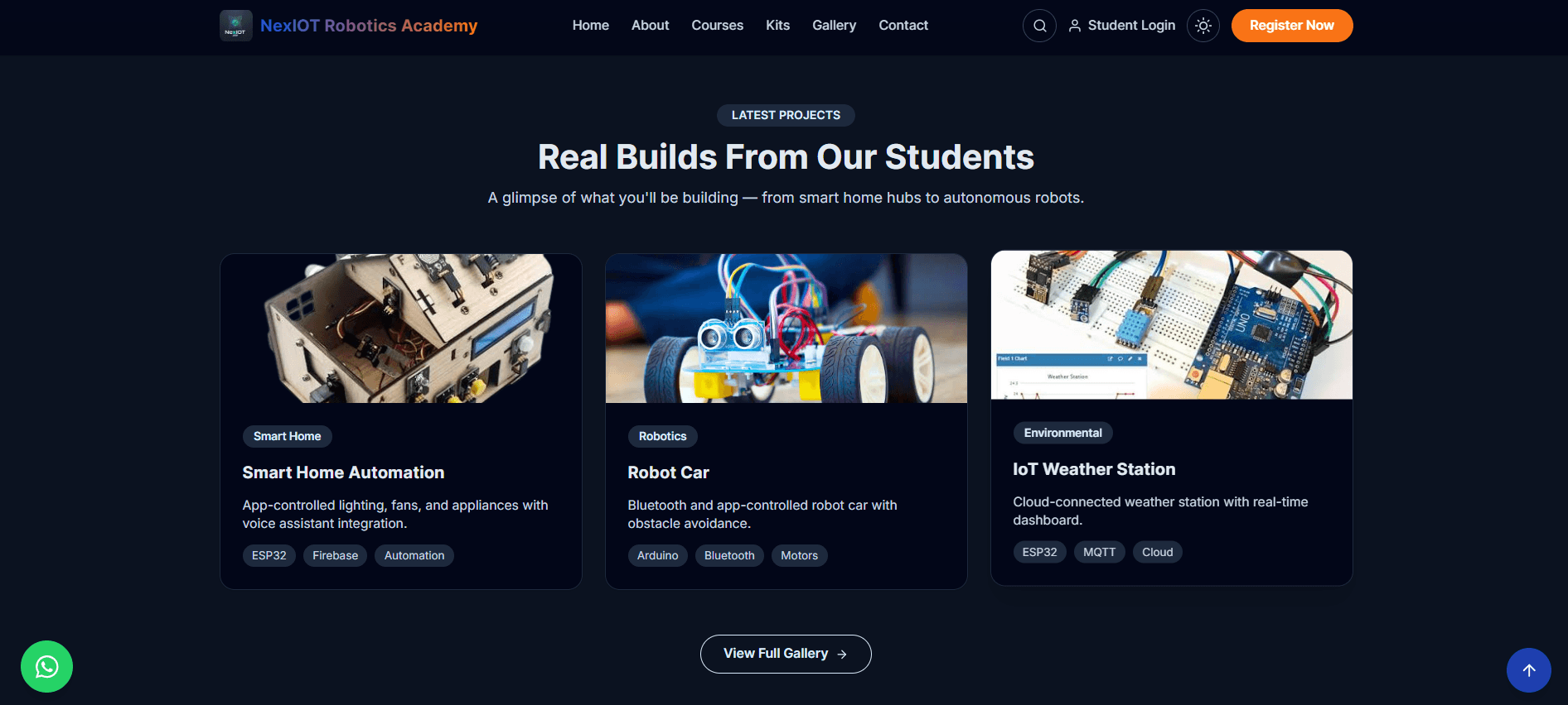Student project gallery, managed from the admin dashboard