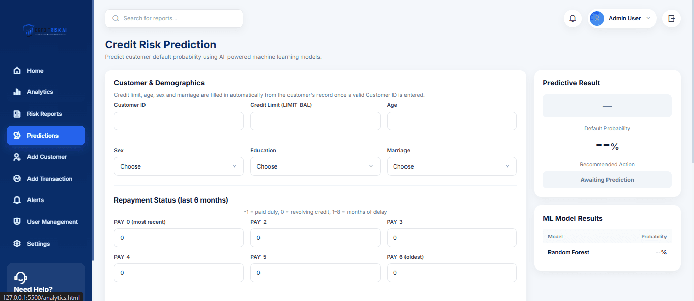 Prediction form and model output — default probability with a recommended action
