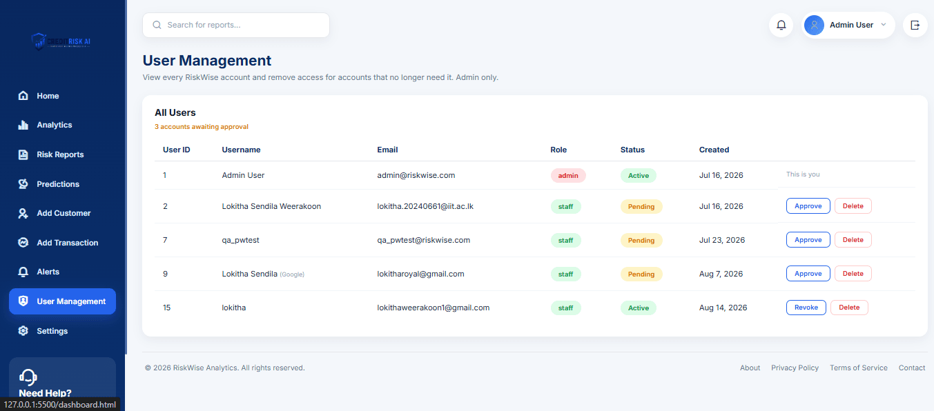 Role-based access with an admin approval gate on every new account