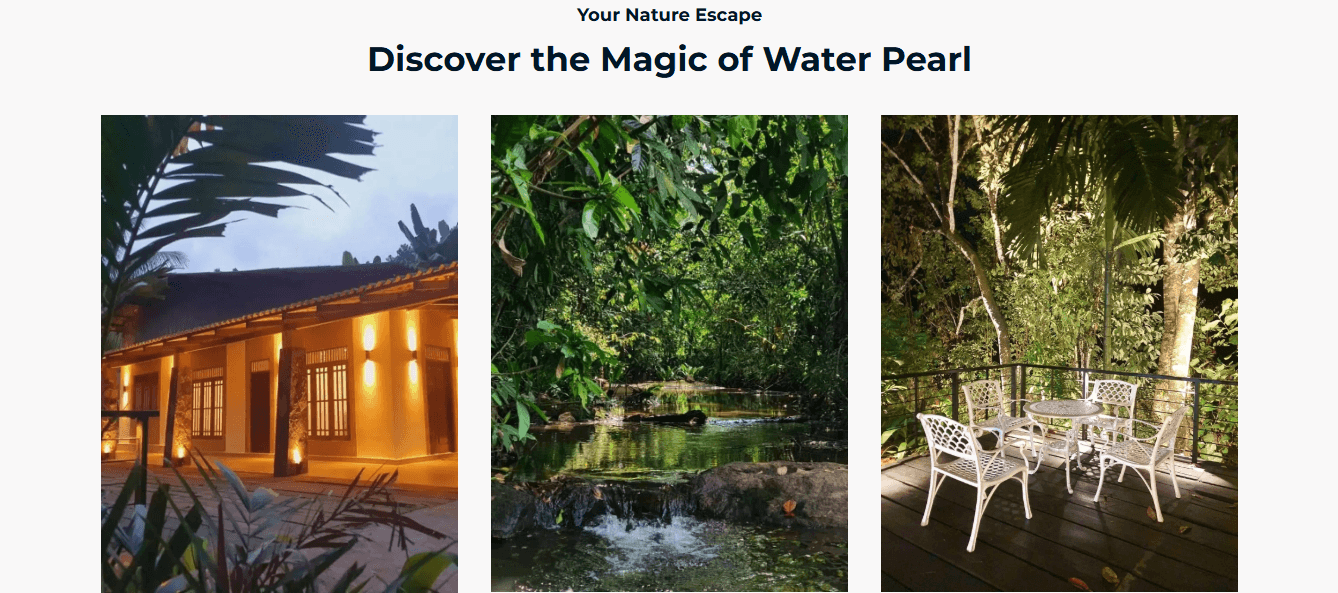Property gallery — the cabanas, the stream, and the deck