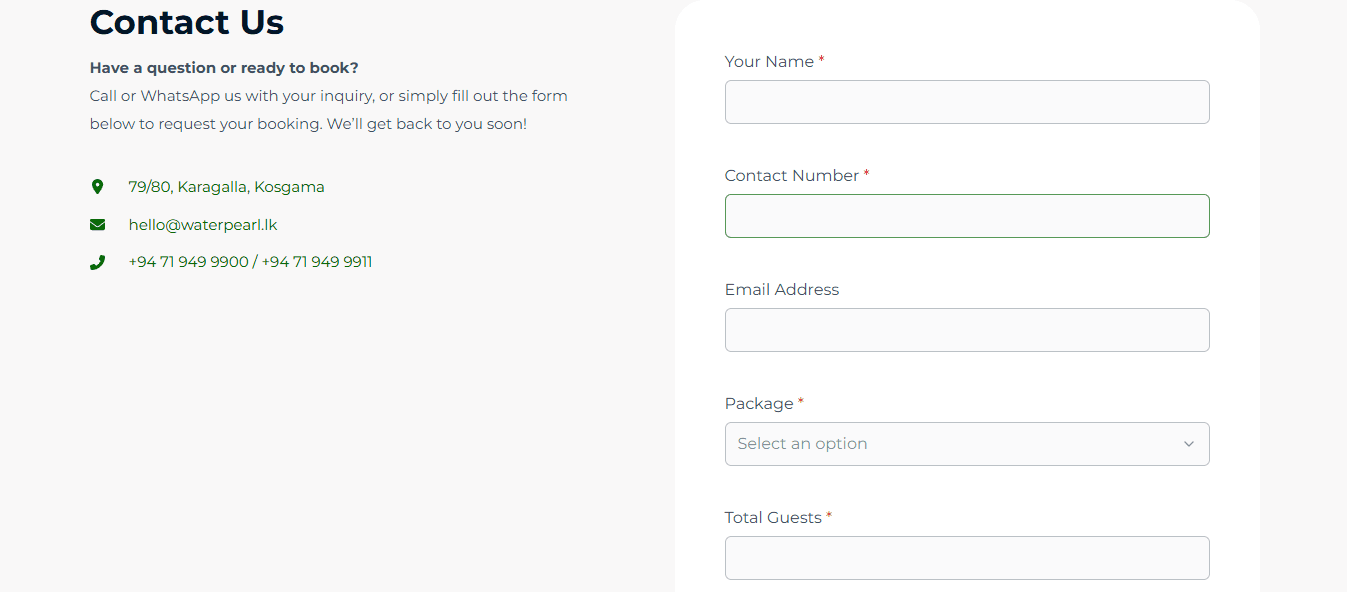 Booking enquiry — package and guest count captured with the contact details